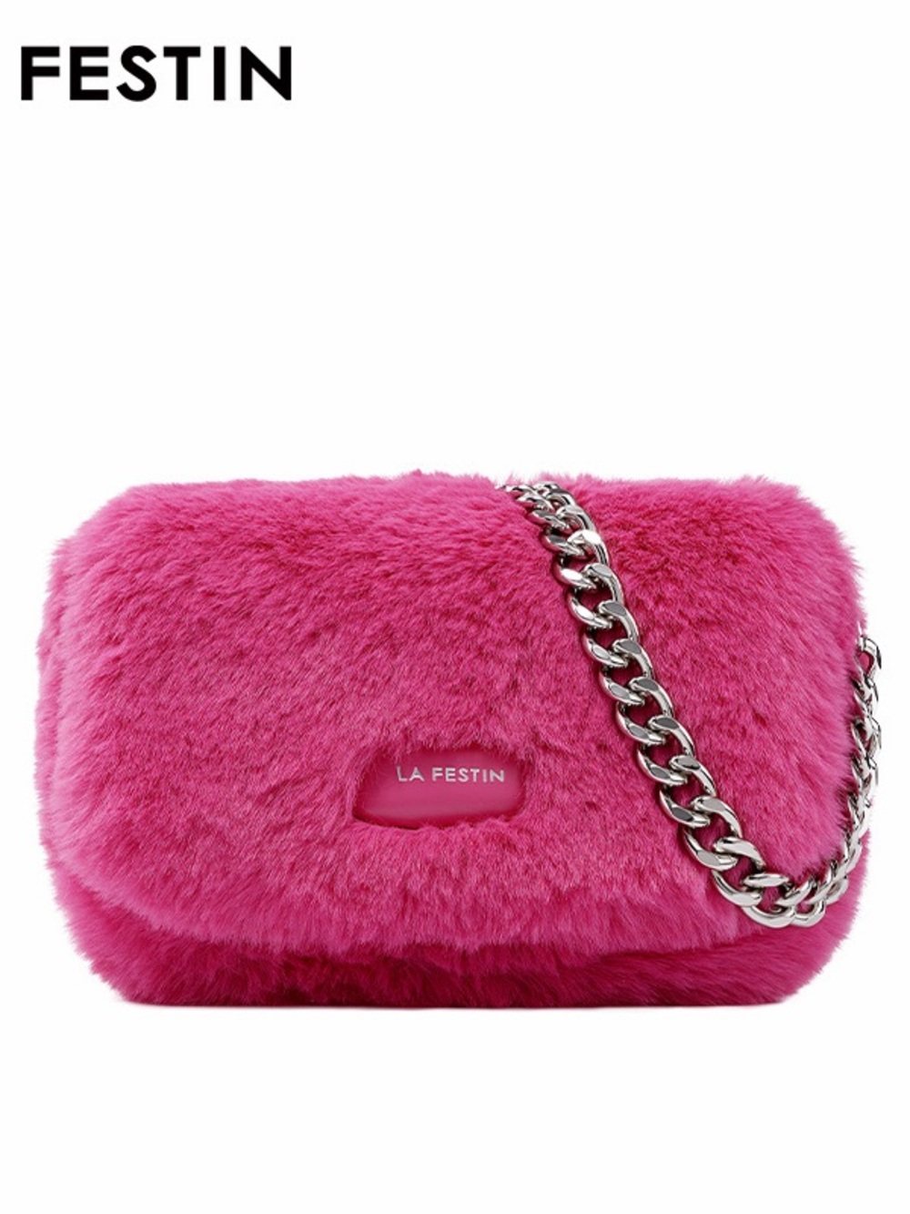 Hot Pink Faux Fur Chain Clutch